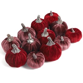 Lcuasc 12pcs Small Velvet Fake Pumpkins Fall Harvest Fabric Foam Pumpkin Thanksgiving Autumn Decor for Table Centerpiece Party Farmhouse (Dark Red/Mulberry)