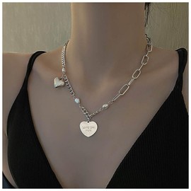 Inilbran Boho Letter Heart Pearl Choker Necklace Puffy Heart Pearl Pendant Necklace Vintage Heart Paper Clip Chain Necklace Silver Pearl Heart Thick Chain Necklace Jewellery for Women and Girls
