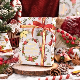 MAYPLUSS Christmas Wreath Wrapping Paper - 17Inch X 33Feet - Beautiful Holiday Wreaths, Vintage Holly Berry & Red Flower Festive Christmas Design Holiday Gift Wrap Paper for Winter Birthday, Wedding