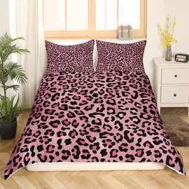 Pink Leopard Print Duvet Cover Set Full Size,Cheetah Bedding Set 3pcs for Kids Teens Girls Room Decor, Wild Animal Skin Texture Comforter Cover Romantic Fashion Quilt Cover with 2 Pillowcases