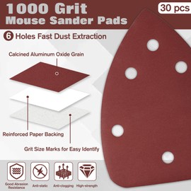 LEONTOOL 30 Pcs Mouse Sandpaper 1000 Grit 6 Hole Hook and Loop Sandpaper for Detail Sander