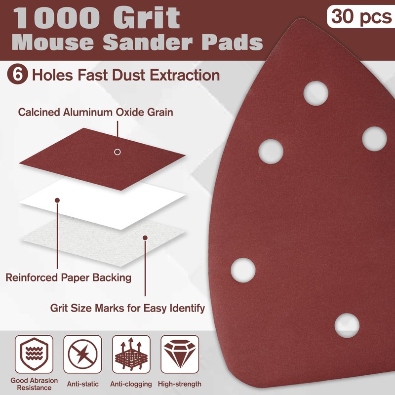 LEONTOOL 30 Pcs Mouse Sandpaper 1000 Grit 6 Hole Hook