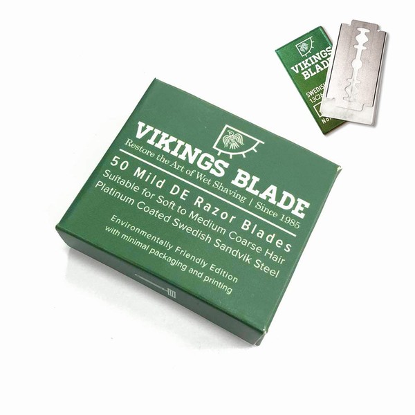 Double Edge Safety Razor Blades, Swedish Steel, 50 Count, by VIKINGS BLADE, Platinum Coated Replacement Razor Blade & Refills, Eco Friendly, Smooth, Close, Clean Shaving Blades, Mild & Gentle on Skin