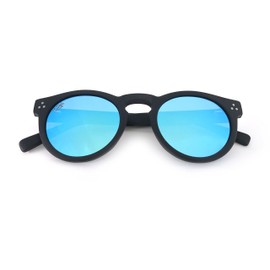 Tarifa Round Sunglasses with Polarized Mirrored Lenses (Black Matte & Blue Lenses)