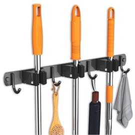 CUXIXA Mop and Broom Holder Wall Mount, Upgraded Broom Organizer Wall Mount, Stainless Steel Broom Hanger Wall Mount for Kitchen Garden Laundry Room Decor (3 Racks with 4 Hooks Black)