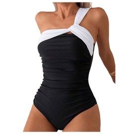Milumia - Traje de baño de una pieza con cuello asimétrico fruncido para mujer, negro y blanco, X-Large