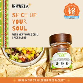 IrieVeda New World Chili Spice Mix - Top 23 Allergen Free Organic Sweet Smoked Paprika Seasoning with Sage, Ginger, Cumin, Mesquite and Cocoa, FODMAP, Ayurvedic & Gluten Free Spices for Chicken, Beef, Tacos 43g