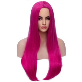 MAGQOO Hot Pink Wig for Women Long Hot Pink Wig Middle Part Hot Pink Straight Wig Heat Resistant Hight Density Synthetic Wigs (Hot Pink)
