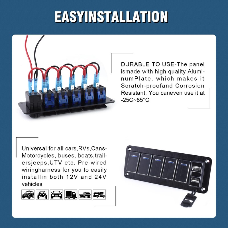 GGTA Rocker Switch Panel Waterproof with 4.8 Amp Dual USB