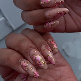 Press On Nails, Summer Spring Beauty Flower Fake Nails, Cute Stick on nails, Short Square Almond Ballet Shape Glue on Nails on 24PCs (Nude Pink Flower)