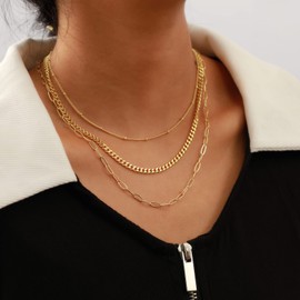 ASCOMY Layered Necklaces for Women Dainty Gold Necklace 14K Gold Plated Cuban Chain Necklaces Satellite Link Choker Simple Paperclip Chain Necklace Women Girls Everyday Gold Dainty Jewelry Gift