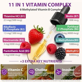 Vitamin B Complex Liquid Drops 60ml, 11 in 1 Vitamin B Complex Drops Methyl B12| B9 Folic|B7 Biotin B1 B2 B3 B5 B6 Sublingual B Complex Drops with Vitamin C Choline & Inositol for Energy Berry Flavor