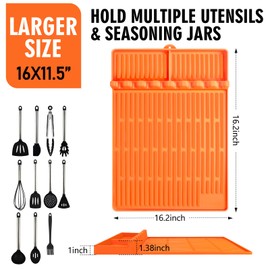 DESUNESS 16 * 11.5 Inch Silicone Griddle Tools Mat for Blackstone, Silicone Spatula Mat with Drip Pad, Grill BBQ Caddy Utensils Holder for Kitchen, Cooking & Countertop (Orange)