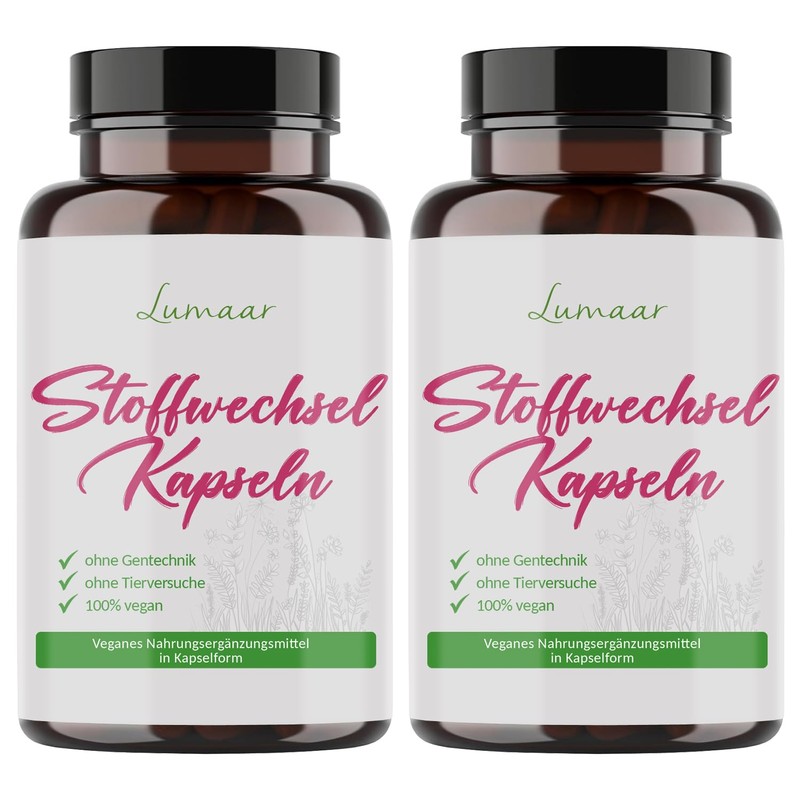 Stoffwechsel Kapseln mit Chlorella, Bakterienkulturen, Beta-Glucane und Eichhasefruchtkörper-Extrakt im Glasbehälter
