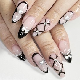 24Pcs French Tip Press on Nails Long Almond Fake Nails with Pearl Heart Charms Design Y2k False Nails Bow Rhinestones Acrylic Nails Black Nails Tip Glue on Nails Reusable Artificial Nails for Manicure