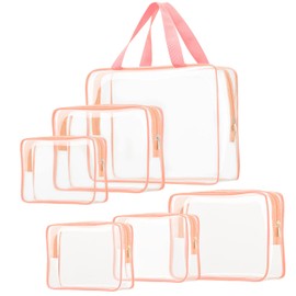 Juego de 6 bolsas de cosméticos transparentes aprobadas por la TSA, bolsa de viaje transparente de PVC, bolsa de maquillaje transparente, bolsa de equipaje de transporte con asa de cierre para mujeres y hombres, 6 piezas rosa claro (1 grande, 2 medianos,