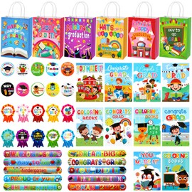 Fuyoooo 180 Pcs Kindergarten Graduation Party Favor Set Include 60 Slap Bracelets 30 Coloring Books 30 Paper Bags 30 Button Pin and 30 Grad Badge Sticker for Kindergarten Graduation Party Supplies