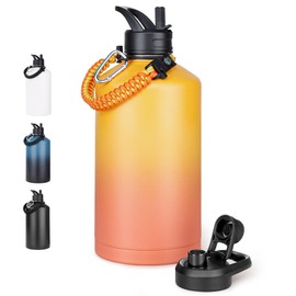 Fijinhom Gallon Water Bottle with Straw&Spout Lid, 304 Stainless Steel Water Jug with Handle and Wide Mouth, One Gallon Vacuum Double Walled Jug for Sports, Outdoors. Yellow&Orange 128oz