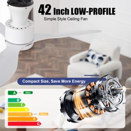 VACILL 42 inch White Flush Mount Ceiling Fan with Lights, Low Profile Ceiling Fan with Light and Remote, 6 Speeds, 3 Color LED Dimmable, Noiseless DC Reversible Motor for Bedroom/Living Room, White