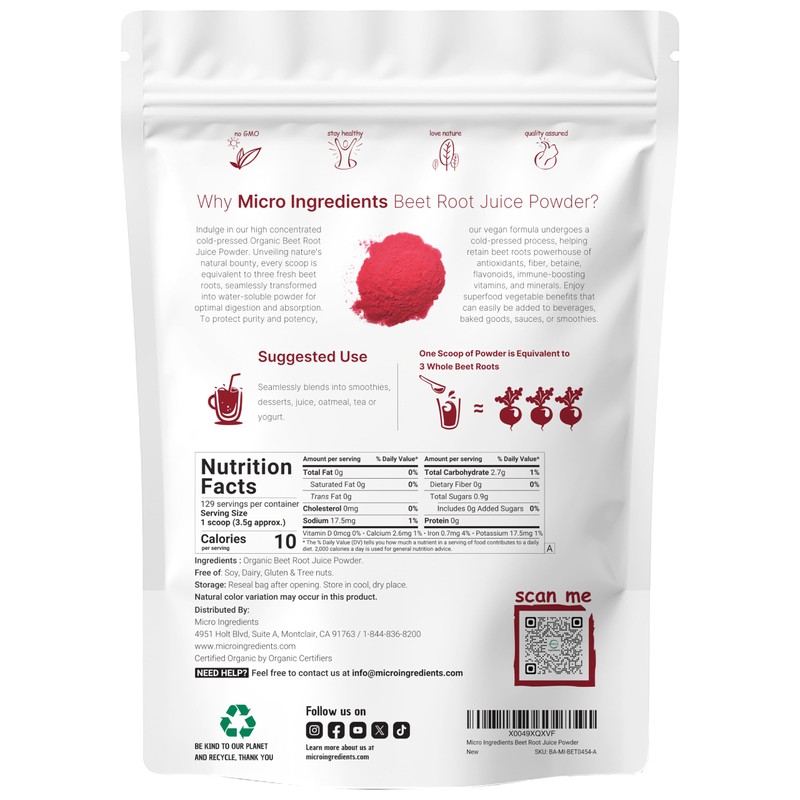 Micro Ingredients Organic Beet Root Powder, 1 Pound, Cold Pressed