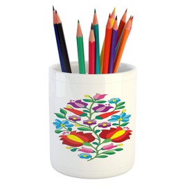 Ambesonne Ukraine Pencil Pen Holder, Traditional Folk Kalocsa Pattern Tulip Flowers Eastern European Motif Retro Print, Ceramic Pencil Holder for Desk Office Accessory, 3.6" X 3.2", Multicolour