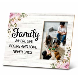 SRADMO Family Picture Frame - Where Life Begins and Love Never Ends - 10x8 Inch Wooden Tabletop Photo Frame for Family Room Decor