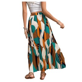OYOANGLE Women's Boho Geo Print Elastic High Waist Flowy Pleated Maxi Skirt Vacation Skirts, Green and Beige, Large