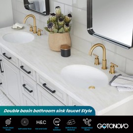 gotonovo 3 Hole 2 Handles Lavatory Basin Bathroom Sink Faucet with Pop Up Drain with Hot and Cold Mixer Valves 8 Inch Widespread Bathroom Faucet Brushed Gold