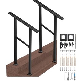 2 Pack Outdoor Stair Railing, Handrails for Outdoor Steps, Handrail Fits 2 Steps Metal Handrail Stair Rail with Installation Kit Hand Rails for Outdoor Steps