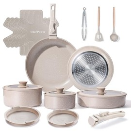 Chef Power Ceramic Nonstick Pots and Pans Set 19 Piece with Detachable Handle, Induction Dishwasher Oven Safe Cookware Set, RV Kicthen Set Removable Handle, Mocca Taupe