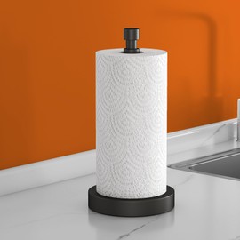 Paper Towel Holder Countertop, Black Paper Towel Holder with Weighted Base Non Slip, Standing Paper Towel Roll Holder for Kitchen Bathroom, Easy One-Handed Operation, Stainles Steel (Matte Black)