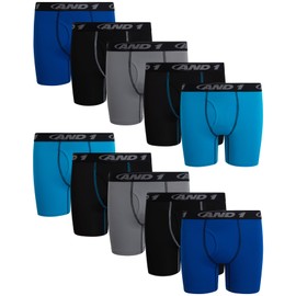 AND1 Boys Boxer Briefs - 10 Pack Performance Boys Underwear - Compression Boxers with Functional Fly (Sizes: 6-18), Size 6-7, Surf the Web/Stone Grey/Atomic Blue/Black