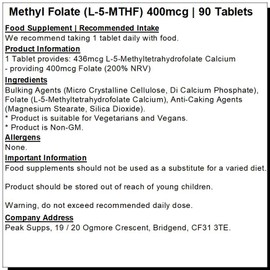 Methyl Folate (L-5-MTHF) Vitamin B9 400mcg - 90 Tablets
