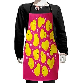 Ambesonne Rubber Duck Apron, Fun Duckies Circle Pattern Bath Bubbles Animal Print, Small Apron Bib with Adjustable Ties for Baking Painting, Small Size, Yellow Pink