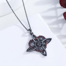 Celtic Knot Necklace 925 Sterling Silver Black Witch Knot Necklace Rose Flower Pendant Wicca Amulet Chain with Heart Witcher Gothic Jewellery Gift for Women, Sterling Silver, Cubic Zirconia