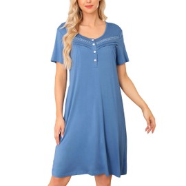 Vlazom Women's Nightdress Round Neck Soft Nighties Buttons Classic Nightgown Short Sleeve Sleep Dress Nightshirt Sleepwear Cobalt Blue,XXL