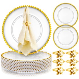 Bokon 12 Set Clear Charger Plates Bulk 13 Inch Beaded Plastic Charger Plates with Napkin Rings Acrylic Round Dinner Table Decorative for Party Wedding Thanksgiving(clear and Gold, 12)