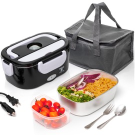 Moss & Stone - Fiambrera eléctrica para adultos, calentador de alimentos en blanco y negro, 12/24/110 V, calentador portátil para trabajo, coche/camión, tenedor y cuchara y contenedor extraíble de 1.5