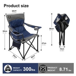 LANMOUNTAIN Oversized Folding Camping Chair,Heavy Duty Padded Portable Lawn Chair w/Extra Large Cup Holder,Side Pocket for Adults Outdoor Sports Hiking Beach Garden Picnic,Dark Blue