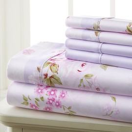 King Size Bed Sheets Set Deep Pockets - 6PC Floral Ultra Soft Microfiber Bed Sheets - Easy to Clean, 90 Thread Count Sheets with Fitted Sheet, Flat Sheet & Pillowcases (Pink Lavender)