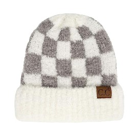 C.C Unisex Warm Soft Recycled Yarn Skully Beanie, Checkered Light Gray/White