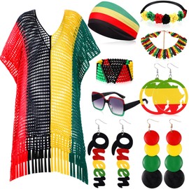 Bokon 9 Pcs Women African Jamaican Accessories Set, Cover Up Rasta Turban Earrings Bracelet Necklace Sunglasses for Juneteeth(Fresh Style)