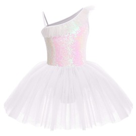 IWEMEK Little Big Girls Sequins Leotard Tutu Ballet Dress Sleeveless Ruffled One Shoulder Gymnastics One Piece Kids Dancewear Camisole Skirt Skating Ballerina Performance Costume White 7-8 Years