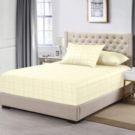 Pizuna Cotton Cream Big Checks Fitted Bed Sheets Double, 300 Thread Count 100% Long Staple Cotton Damask Bedding, Sateen 140cm x 200cm Double Fitted Sheet Deep Fit upto 40 cm (Checked Bedding Double)