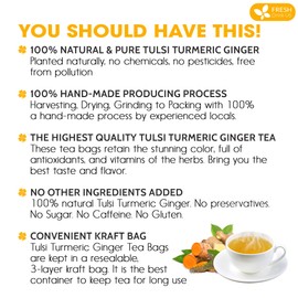 FreshDrinkUS, Premium 75 Tulsi Turmeric Ginger Tea Bags, 100% Natural & Pure from Tulsi Holy Basil Leaves, Turmeric and Ginger. Made with Natural Material Tea Bags. No Sugar, No Caffeine, Vegan.