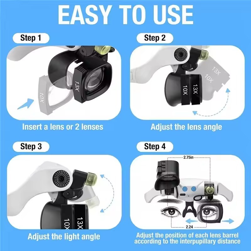 Jewelers Magnifying Glass Headset with LED Light & 5 Interchangeable