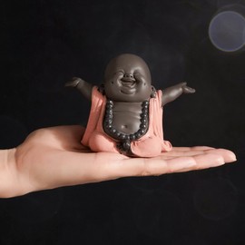 JUJOYBD Small Laughing Buddha, Cute Monk Statue, Cute Grinning Buddha Made of Ceramic, Ornament Figure, Gift Decoration for Desk, Living Room, 7.8 cm High, Orange (xfcs-7)