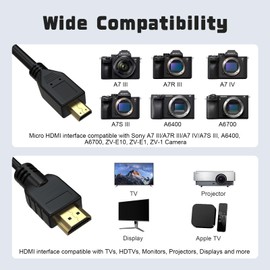 Micro HDMI to HDMI Cable Cord Compatible with Sony A7 III/A7R III/A7 IV/A7S III, A6400, A6700, ZV-E10, ZV-E1, for Canon EOS M5, M6, R6/R7/R8/R10, R6 Mark II, for Panasonic Lumix ZS200 G85 FZ80 (3.3FT)