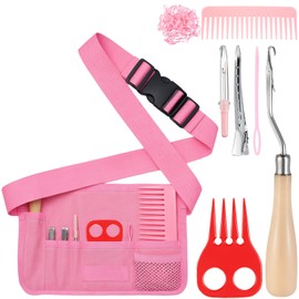 Cosblank 9 Pcs Horse Braiding Kit with Belt Mane Horse Braiding Kit Include Removable Belt with Rug Hook Pin Brush Thread Cutter Comb Hair Clip and Rubber Bands for Western Party(Pink)