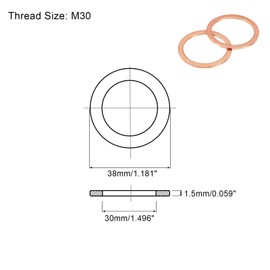 sourcing map 5Pcs M30 Flat Washer, Copper 30mm ID x 38mm OD x 1.5mm Thick for Bolt Screw, Factories Repair, Kitchens, Shops, and Outdoor Construction